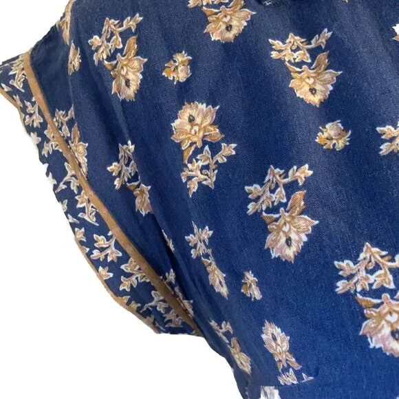 Lucky Brand Floral Midi Dress Button Collar Medium Minimalist Peasant Rayon Tie - Picture 5 of 12